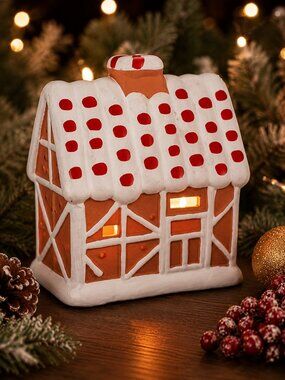 Vintage Ceramic Gingerbread House Candle Holder w/ Original Box